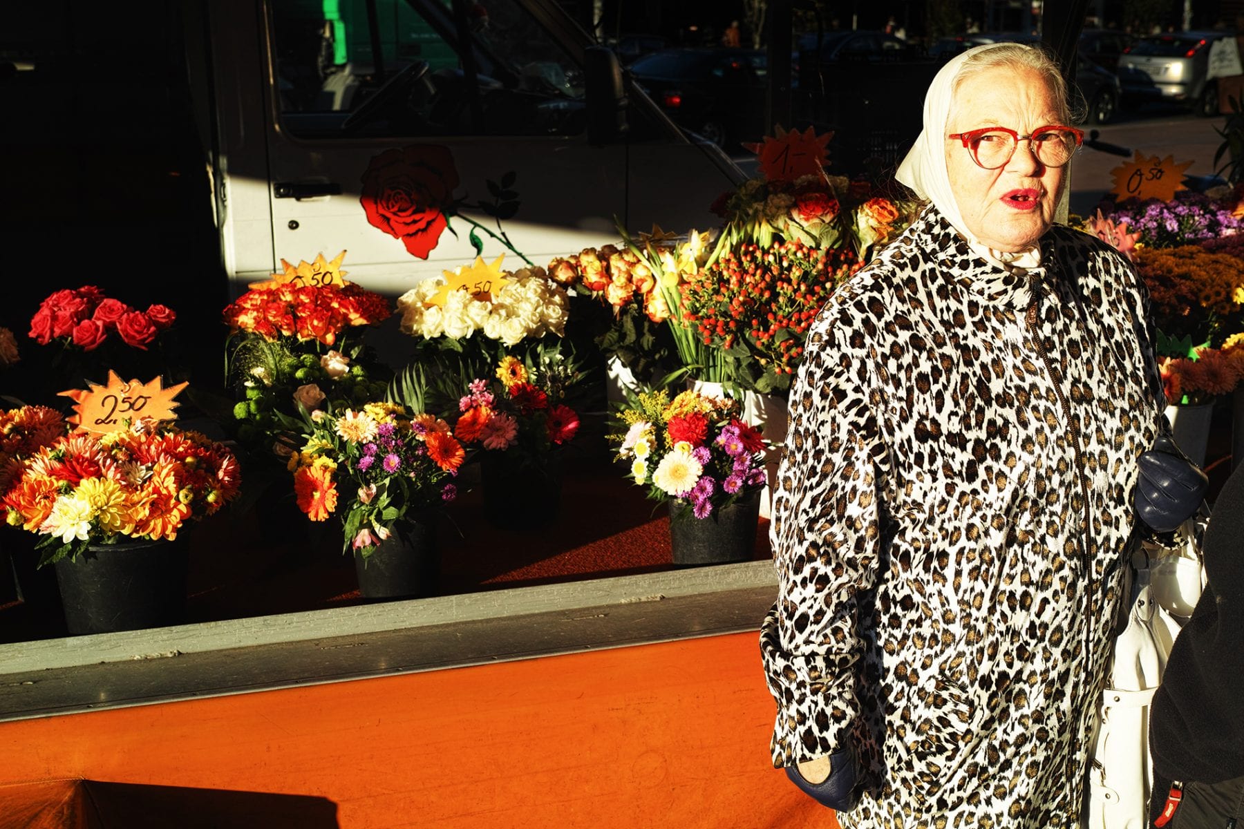 old woman wearing a fur coat street photography, colorful, by Manuel Armenis