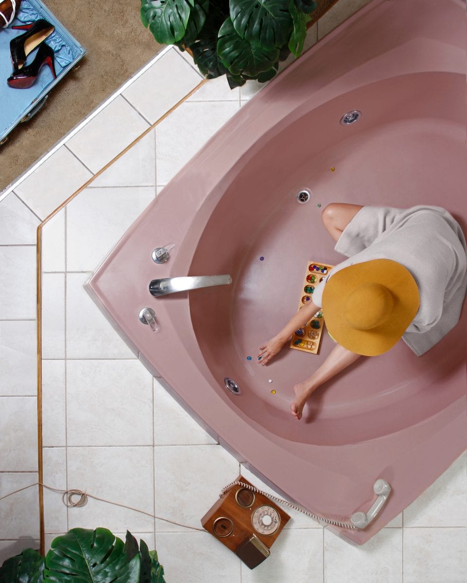 woman in bathtub color photography of patterns from above by Hayley Eichenbaum and Zach Swearingen