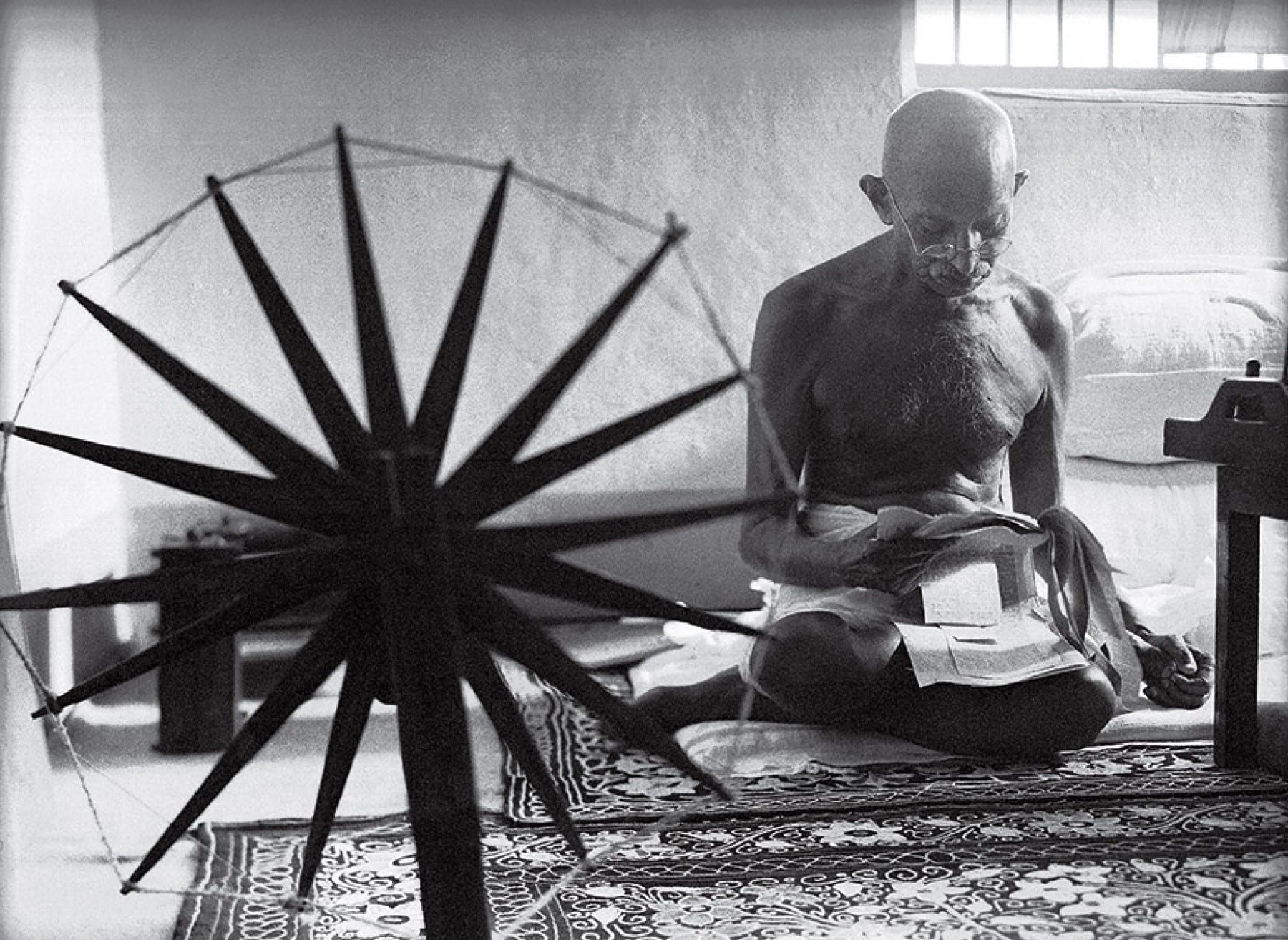 black and white portrait photo of Gandhi by Margaret Bourke-White