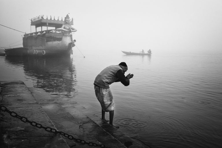 Black and white photograph, documentary, street, ganges river, india