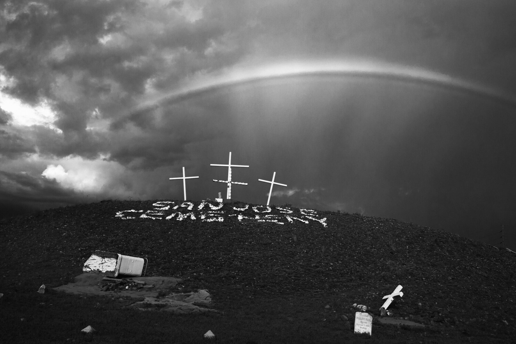 Black and white photography, crosses, rainbow, crucifixes, cemetery. Roger Deakins, Byways