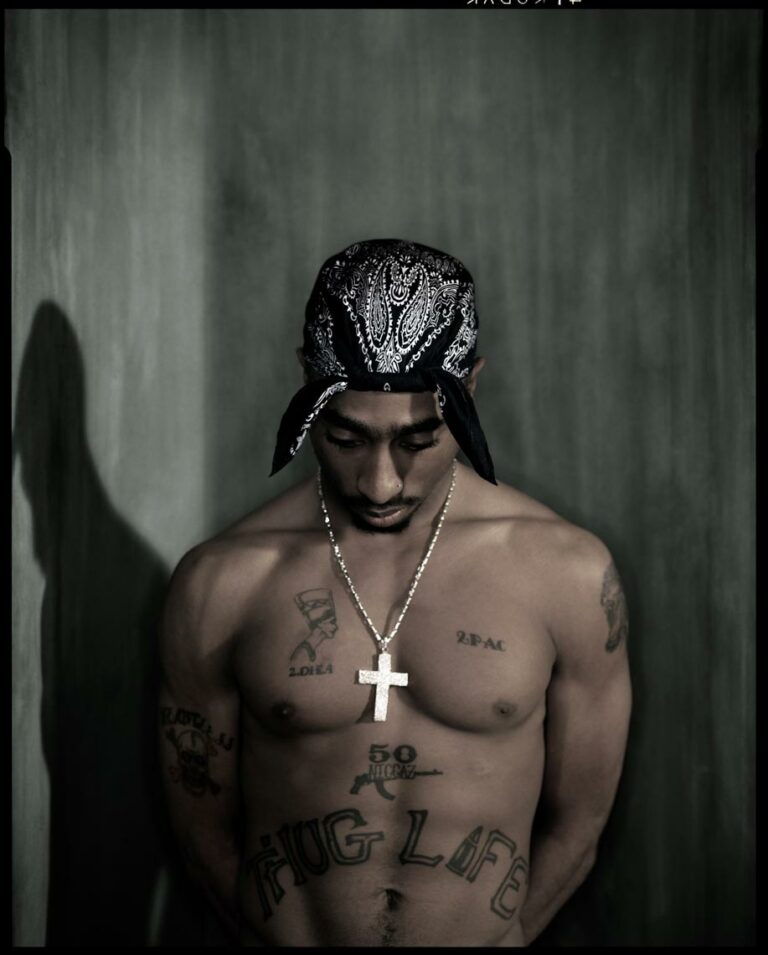 Color studio portrait of Tupac Shakur by Dan Winters