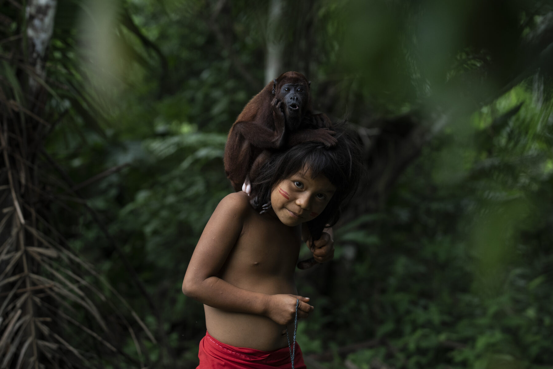 color portrait of a boy and his monkey in the Amazon, by Goran Jovic