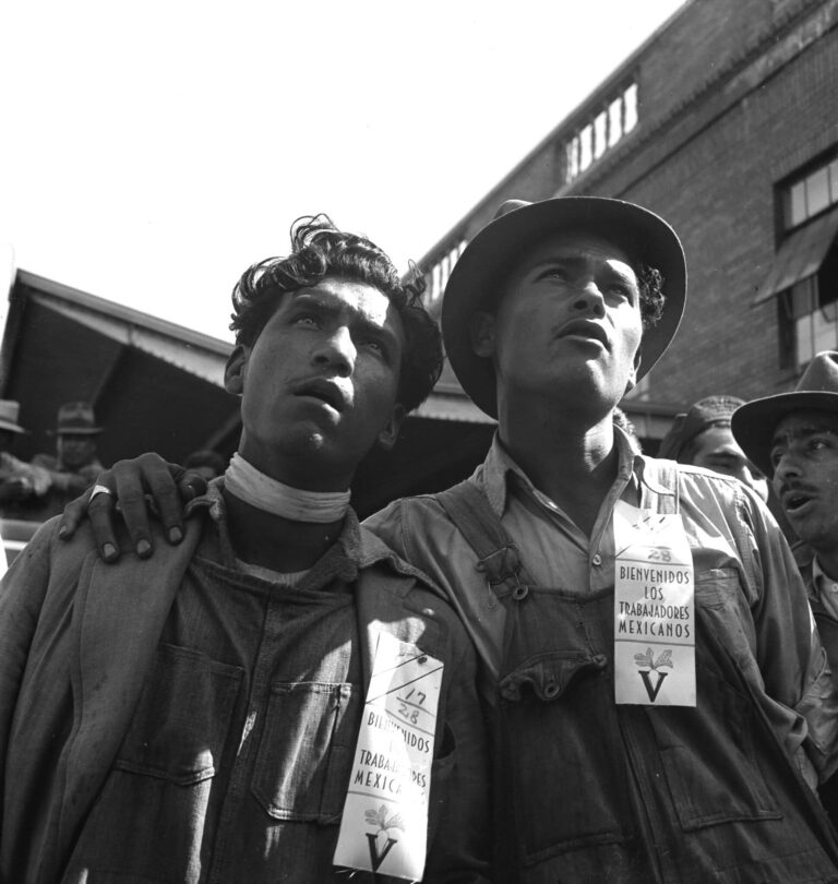 Black and white documentary photography by Dorothea Lange. Mexican workers. Braceros, Sacramento, CA 1942