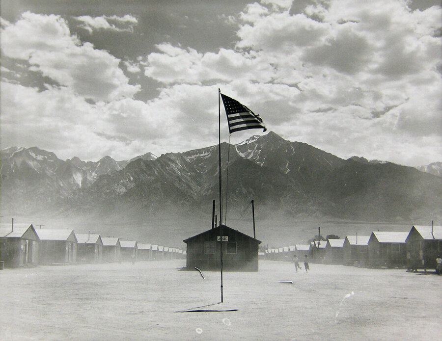 Black and white Photography by Dorothea Lange. Manzanar Relocation Center, Manzanar, California, 1942. Documentary photography, migrant camp.