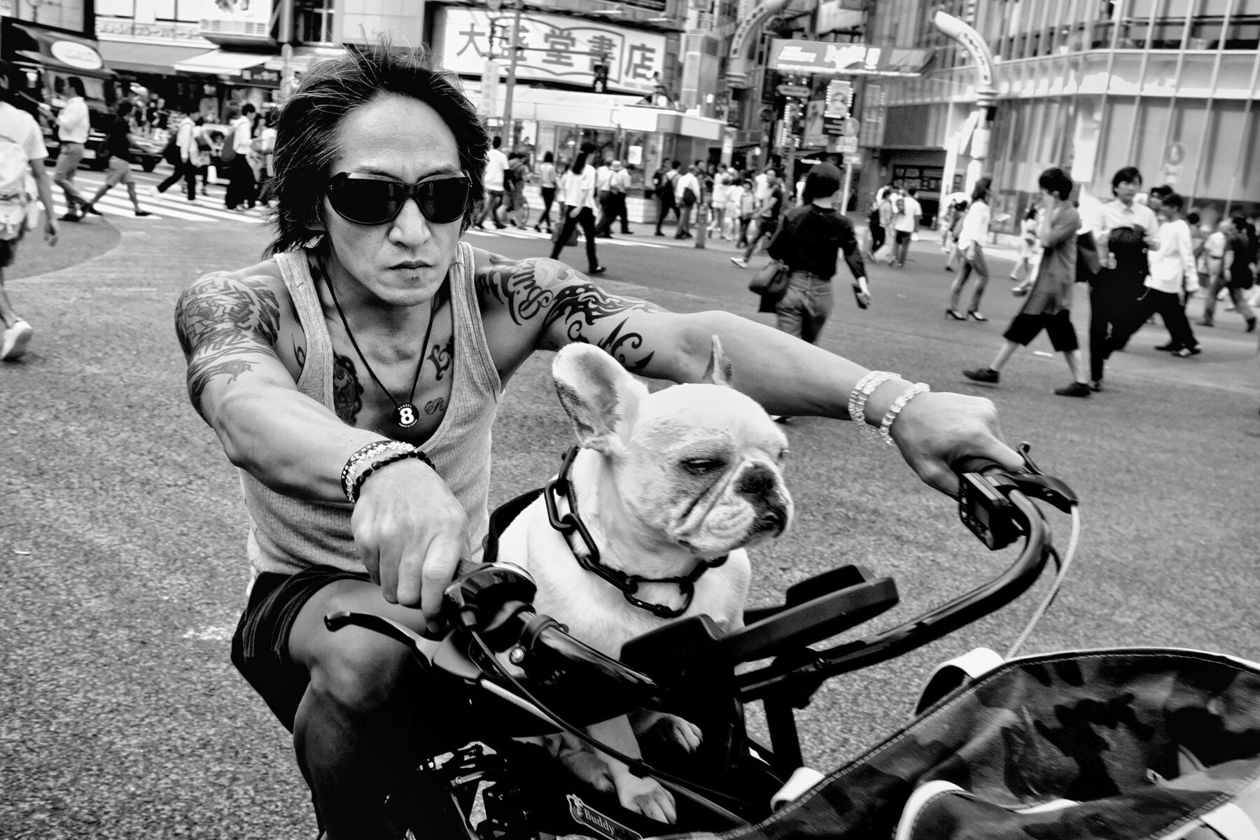 Black and white strete photography by Tatsuo Suzuki. Man riding bike with dog, Tokyo Japan