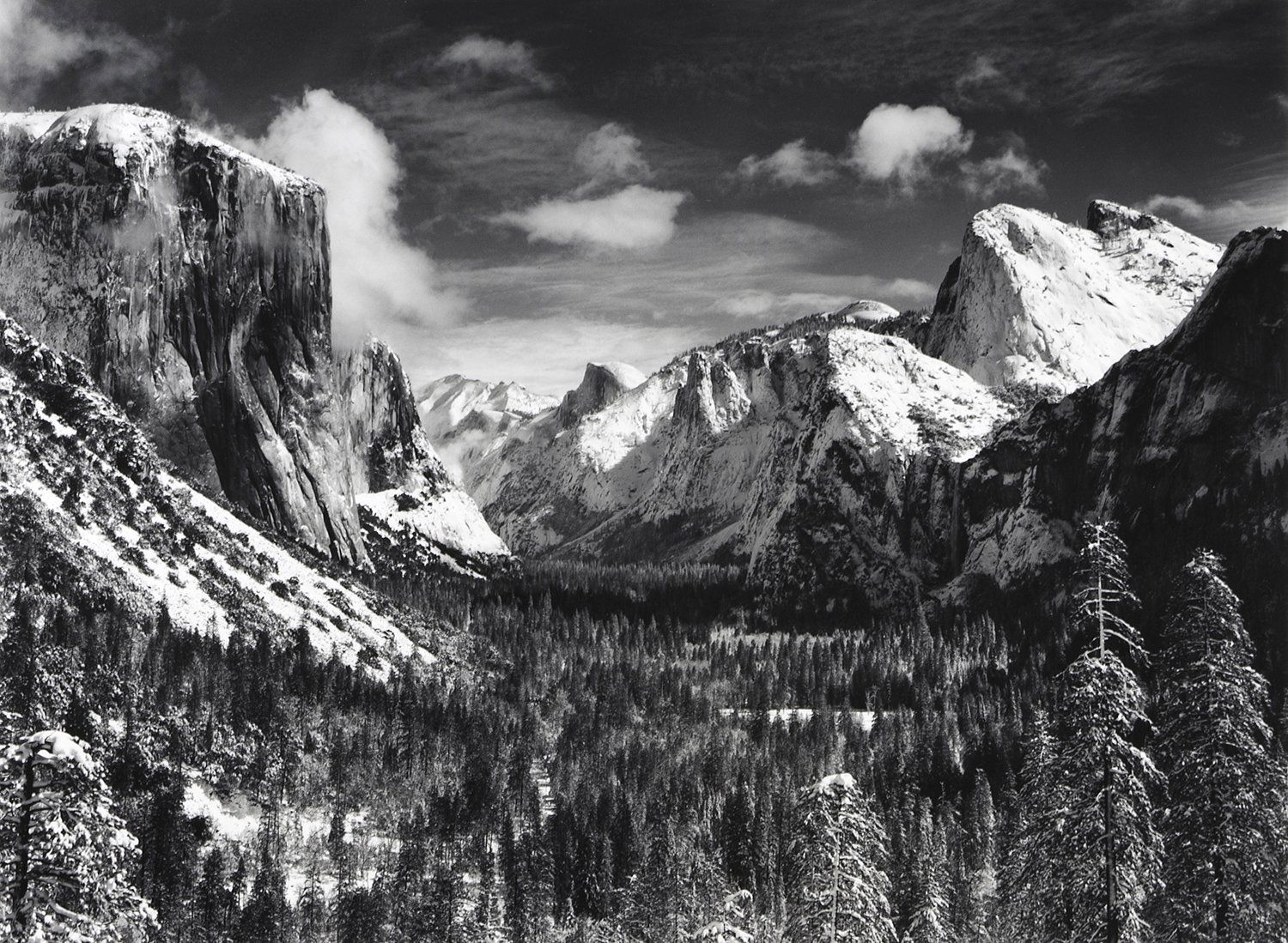 Black and white landscape photography by Ansel Adams, Yosemite Valley, USA, Winter C.1959