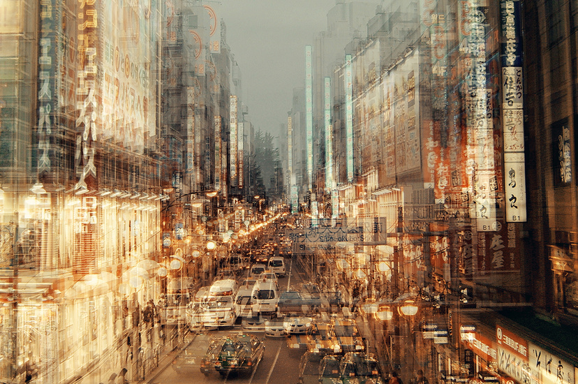 Color street landscape photography by Stephanie Jung. Tokyo at night. Multiple exposure