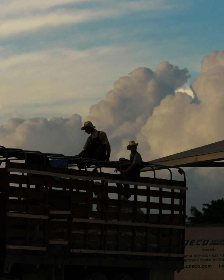 Color film photo by Jake Michaels, portrait of Mennonites in Belize from the book c.1950