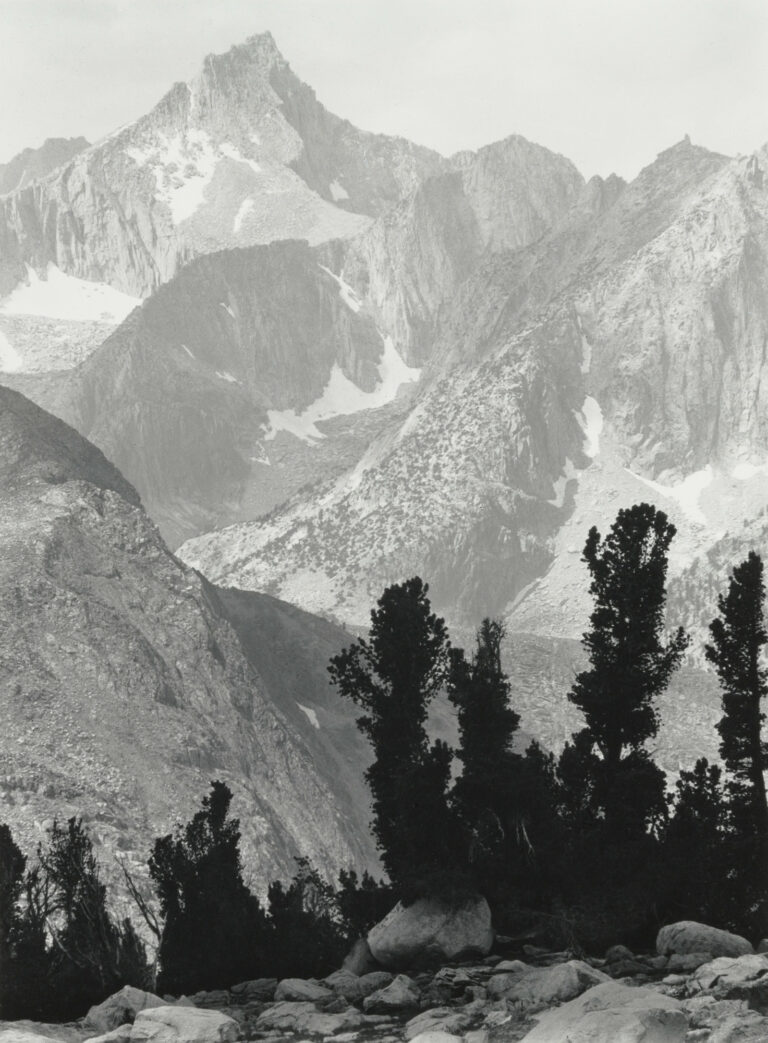 B&W landscape photography by Ansel Adams, mountains and trees, Mount Clarence King, Kings Canyon National Park, California 1924