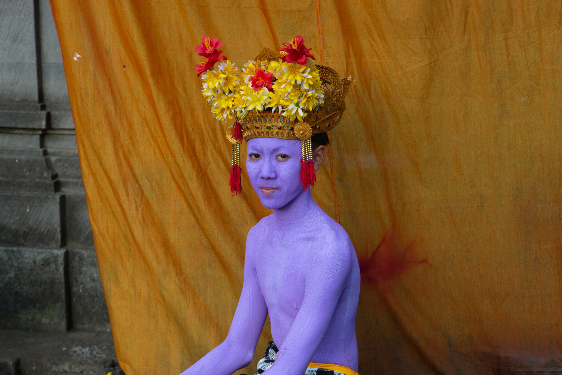 Color portrait of man with flower headress, Bali, indonesia, by Michael Dean Morgan