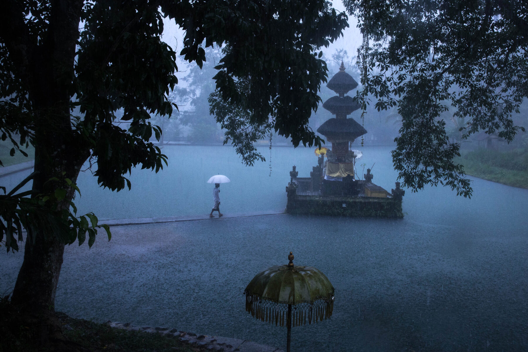 Color photography by Michael Dean Morgan, rain, temple, Bali