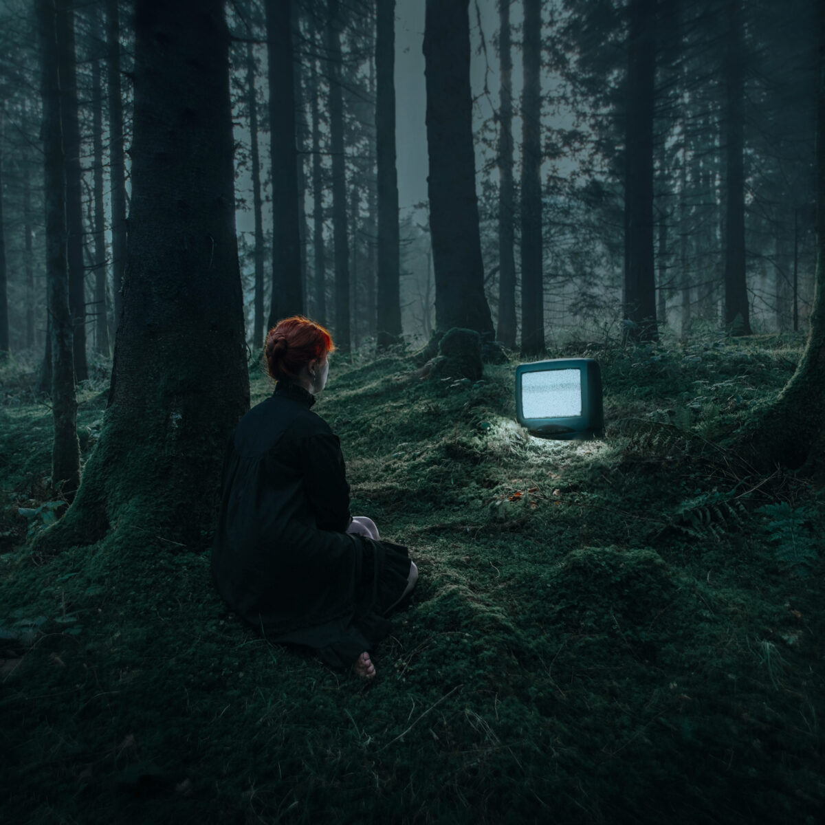 color conceptual fine art photo of woman and tv in woods by Ruby Hyde