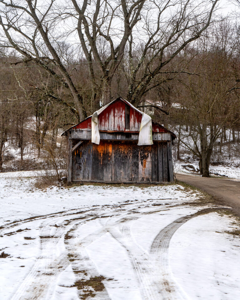 Color documentary photography by Vanessa Winship, snow, trees and worker's shed