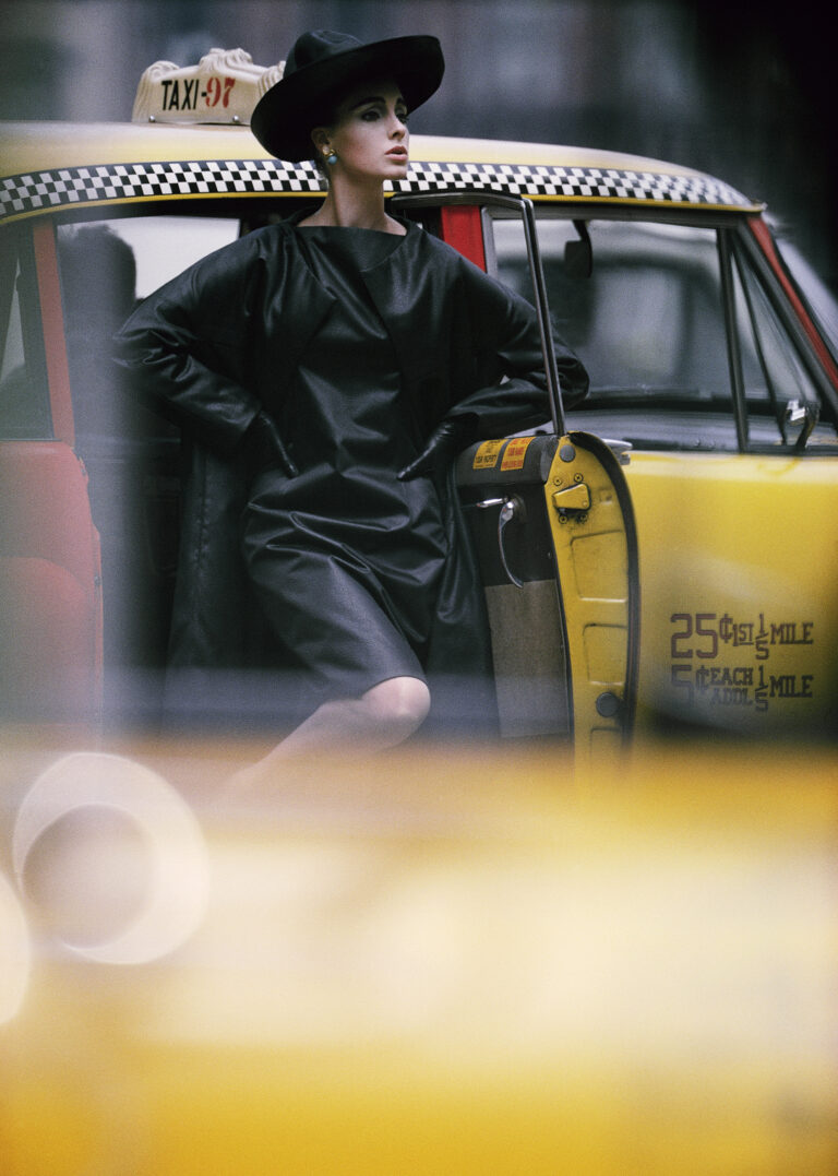 Color fashion photography by William Klein, yellow taxi, model, nyc 1962