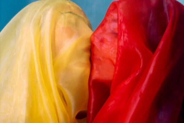 color photo of two people kissing under colorful cloth by Tyler Goldflower