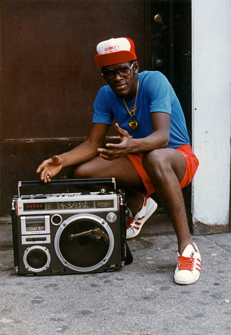 Street photography by Jamel Shabazz, portrait of man with boombox, Brooklyn, NYC. C 1980