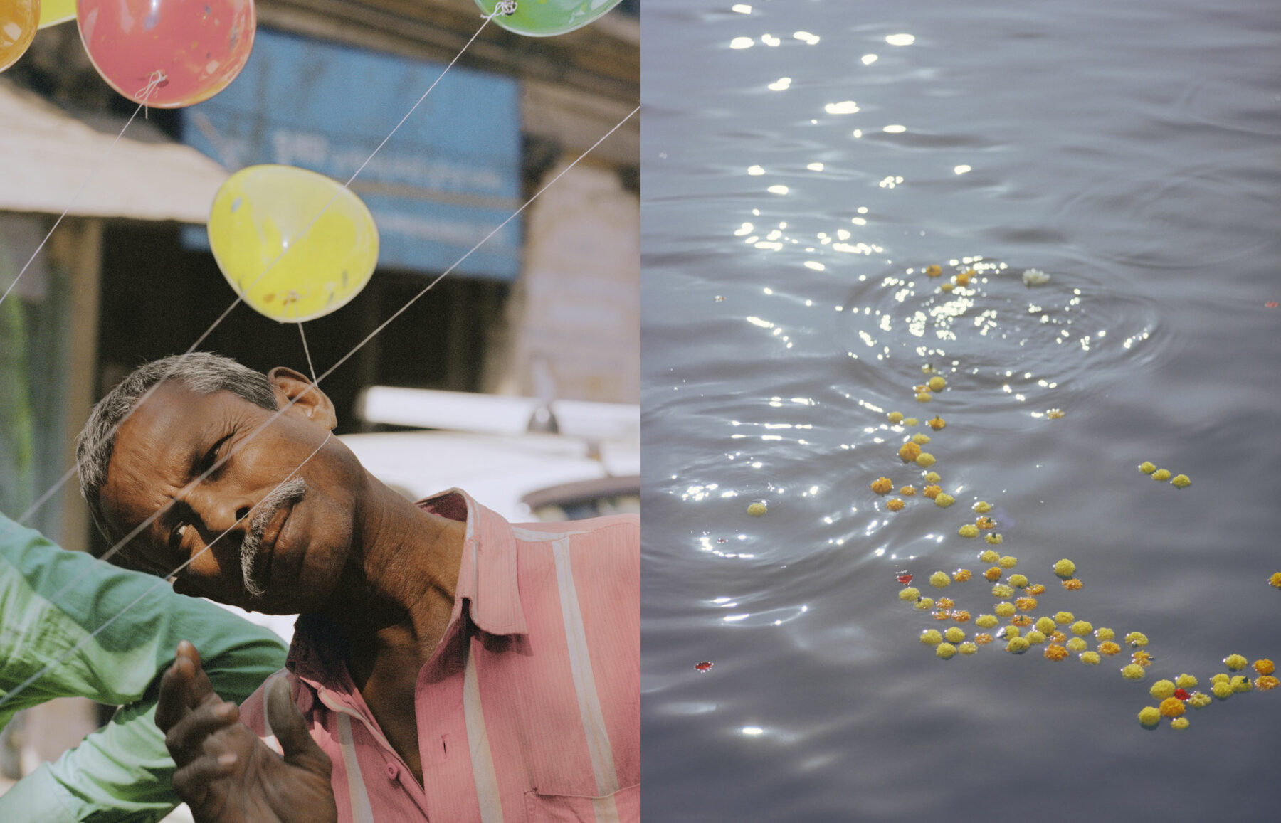 Color photo of water and Indian man with ballons by Kin Coedel