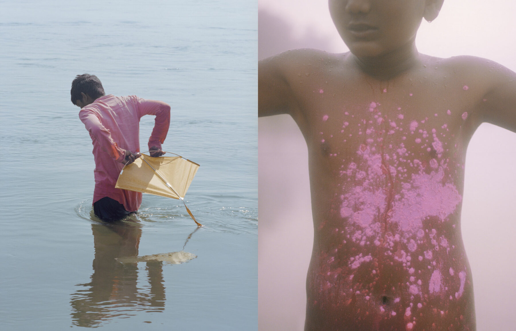 Color photo of Indian boy with pink paint in water by Kin Coedel