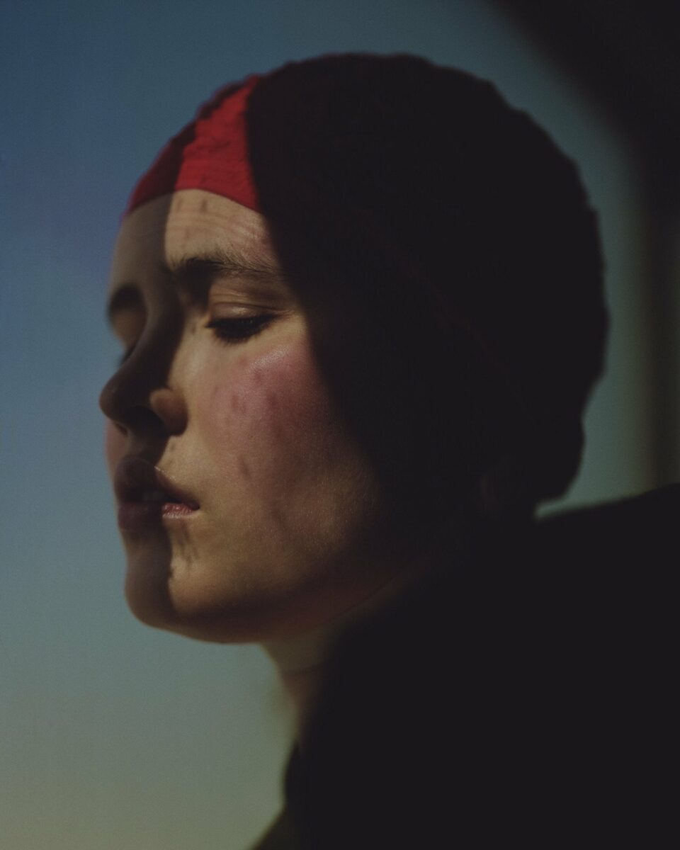 Portrait photography by Phil Sharp, woman with red swimming cap