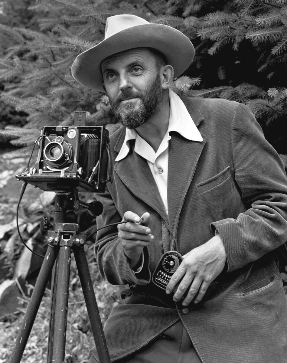 Black and white portrait photograph of Ansel Adams