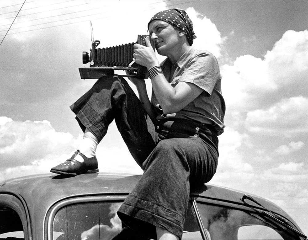 Black & white portrait photograph of photographer Dorothea Lange