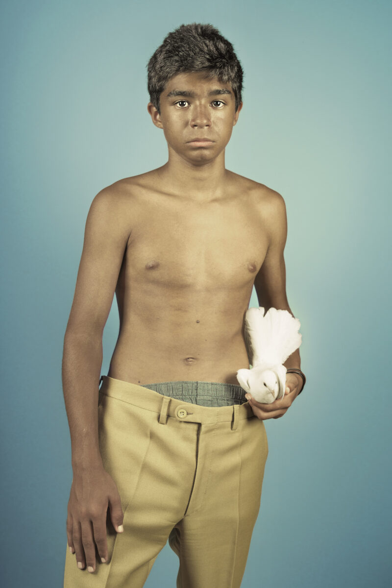 color studio portrait of a boy with dove by Christian Bruni