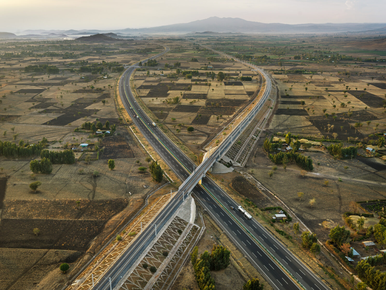 Aerial landscape photography by Edward Burtynsky. Rail & Highway Crossing, Mojo, Ethiopia