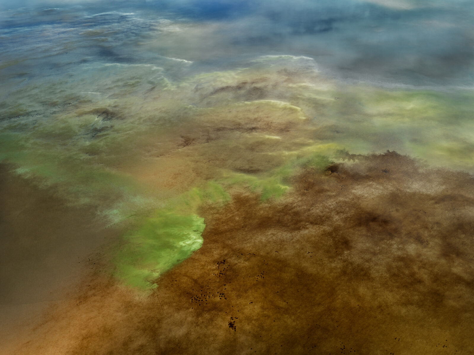 Aerial landscape photography by Edward Burtynsky. Green lake in the Rift Valley, Kenya, 2017