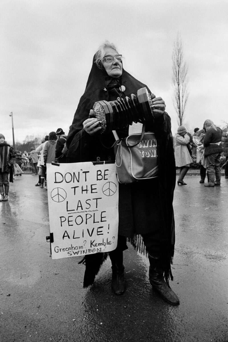 B&w photo of a Anti- nuclear weapons protestor at Greenham Common. 1983. Chris Steele Perkins