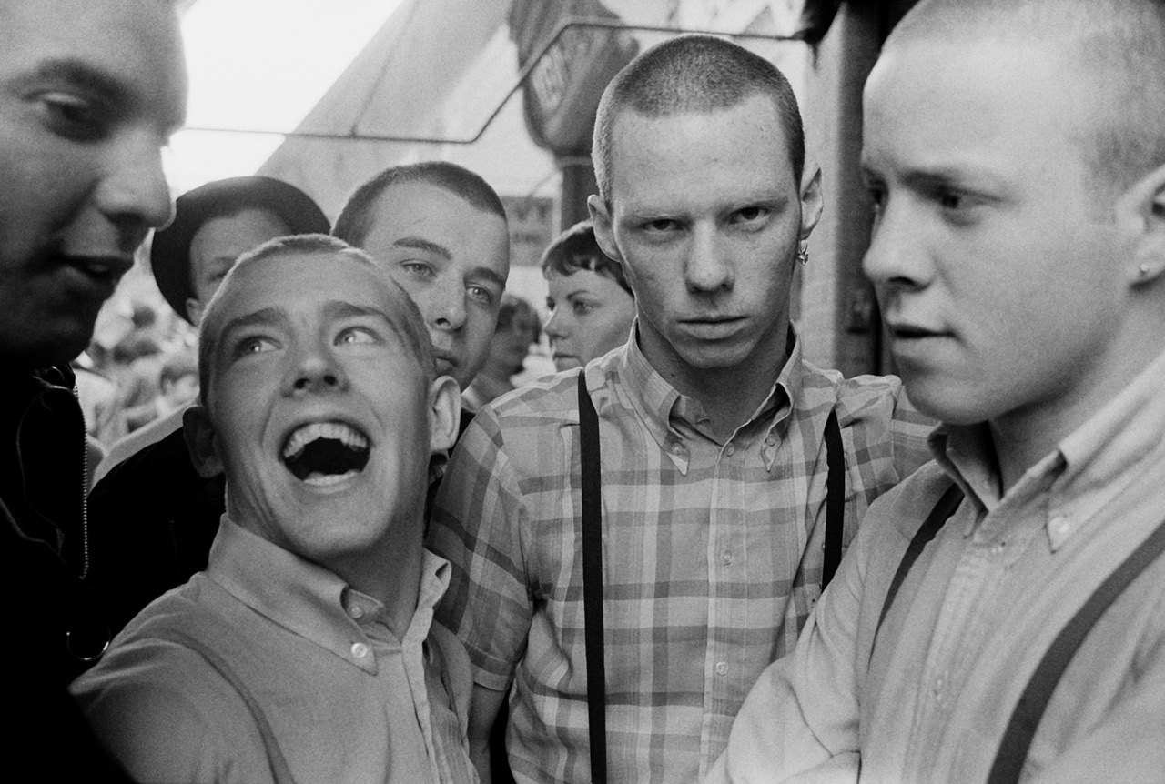 Black & white photo of skinheads in London, 1979 by Chris Steele Perkins