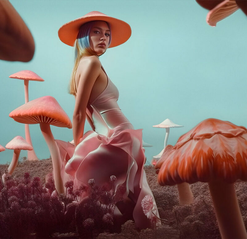 Ai generated image of a woman surrounded by pink mushrooms