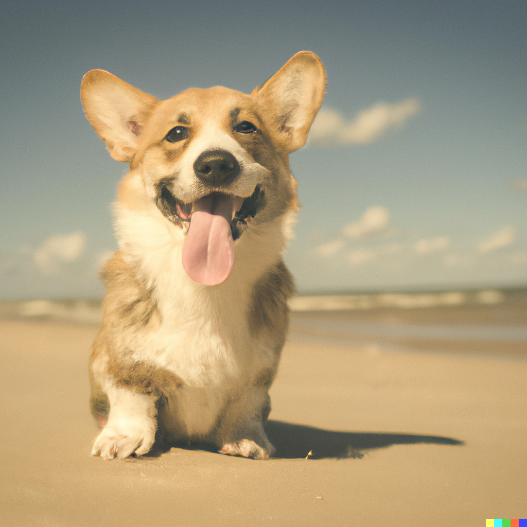 AI generated image of a corgi dog on a beach