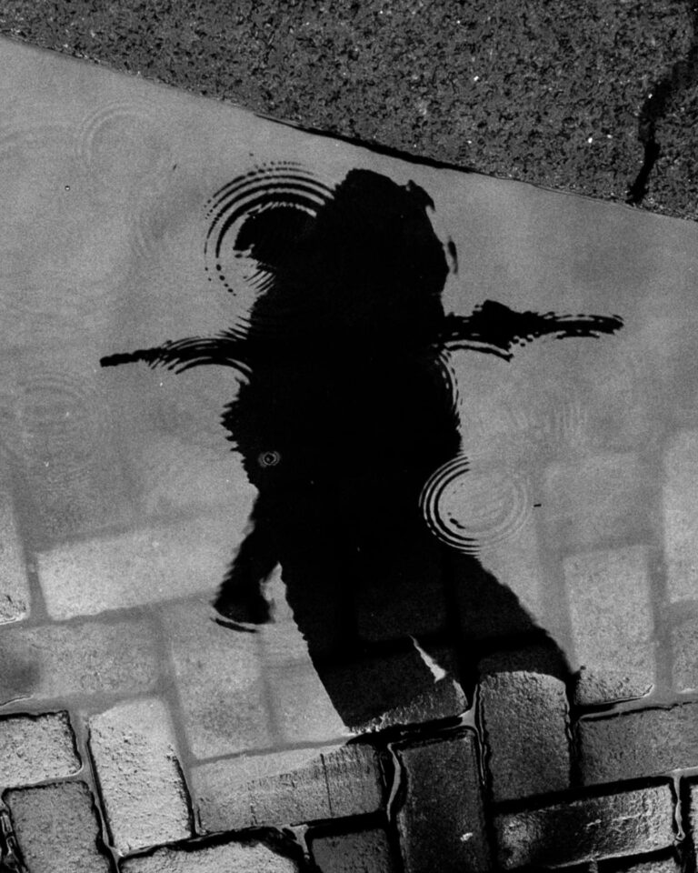 Black & white street photography by Joe Clarke. Reflection in puddles.