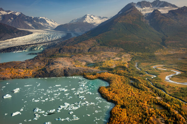 color aerial landscape photo of Knik Glacier and Lake George, Alaska, USA by Joson Nl