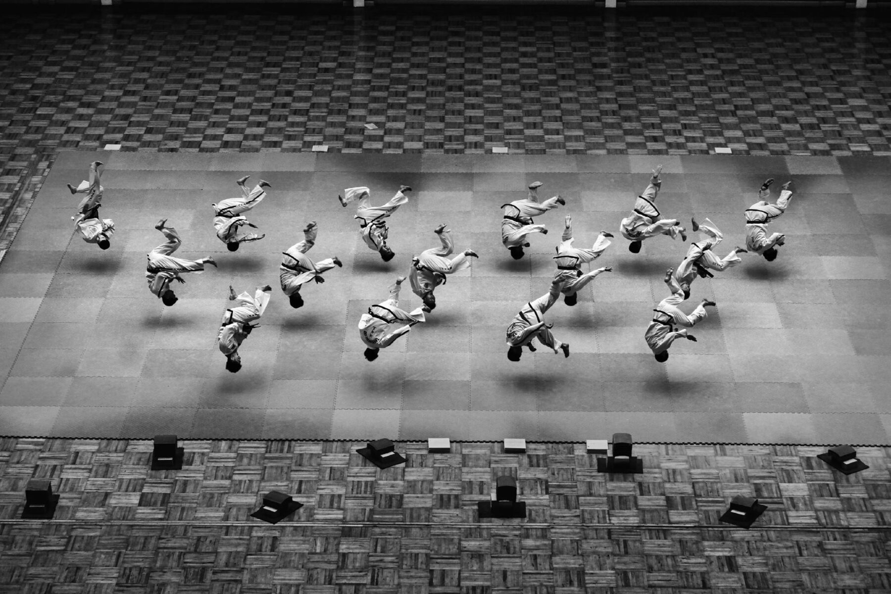 black and white photo of Taekwondo ceremony in Pyongyang, North Korea by Alain Schroeder