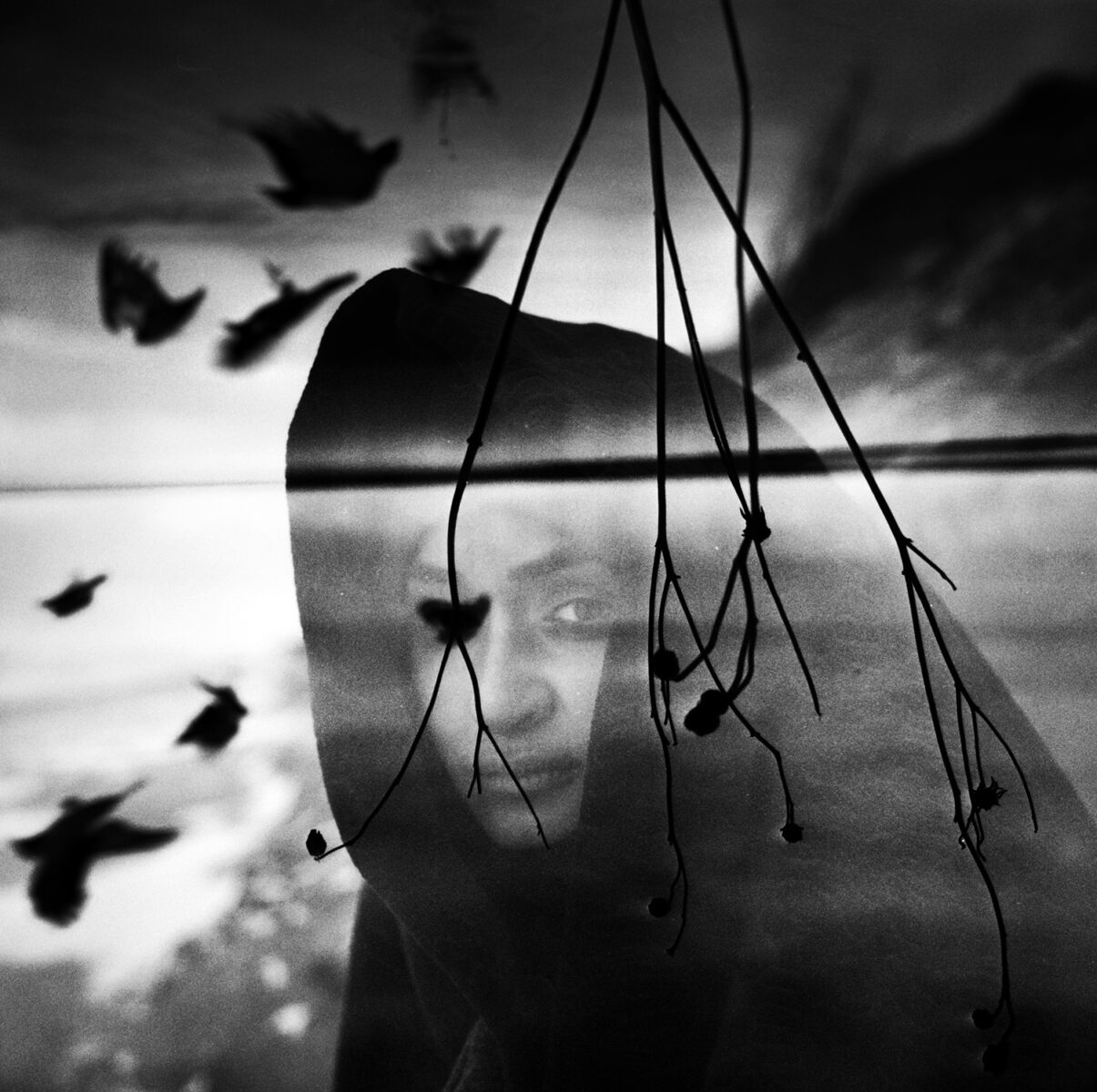 black and white double exposure photo of woman with sea and birds by Mindaugas Gabrenas