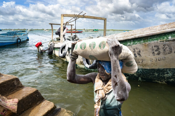 color documentary photo of man unloading boat in Lamu Island, Kenya by France Leclerc